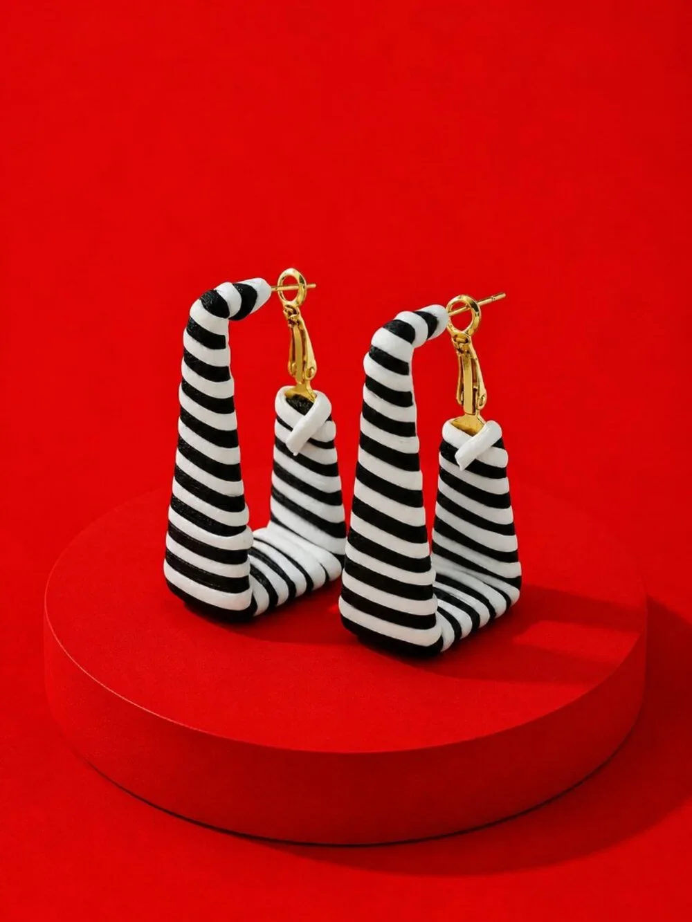 Black White Striped Geometric Earrings, Statement Mod Art Deco Retro, Pierced - Picture 2 of 5